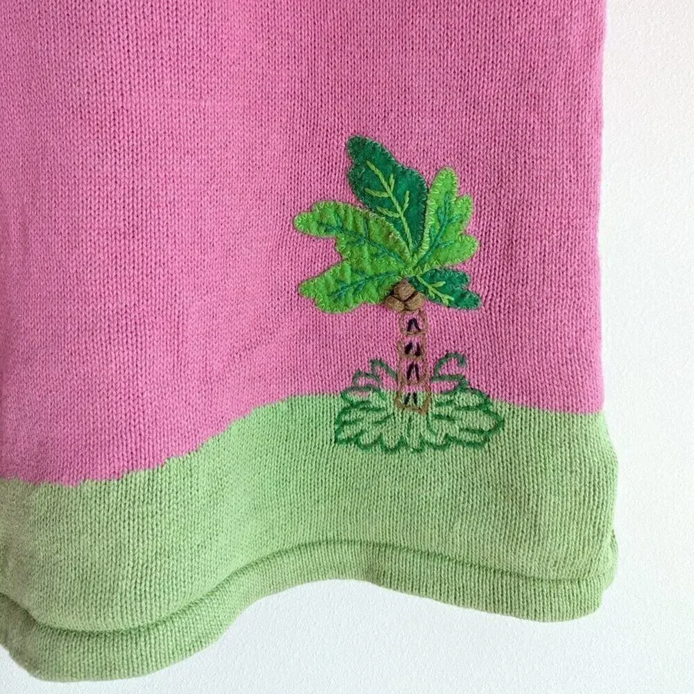 Quacker Factory Flamingo Tropical Novelty Embroidered Knit Top Pink Blue Small S